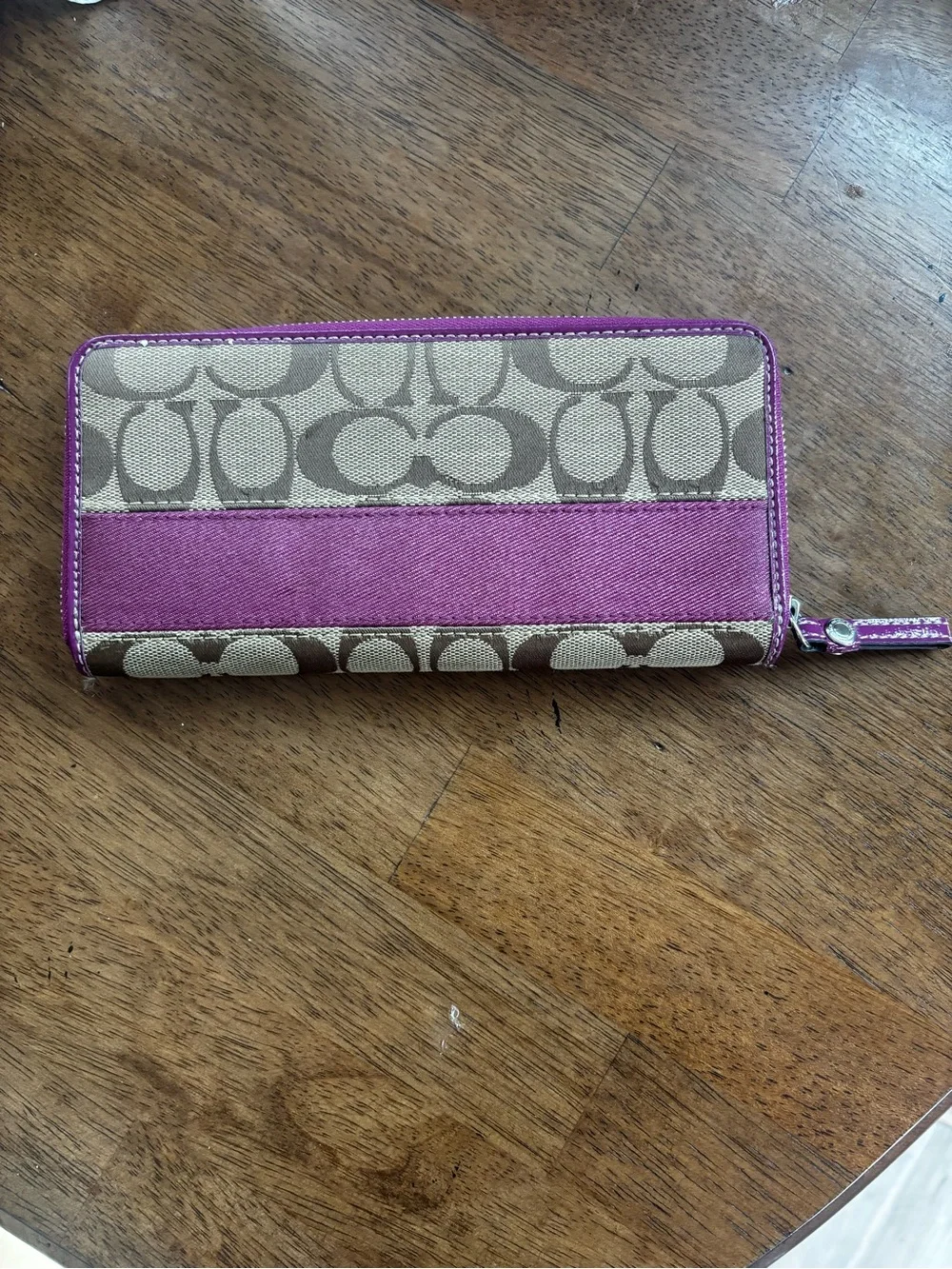 Coach Signature Canvas Purple Stripe Accordion Zip Around Wallet